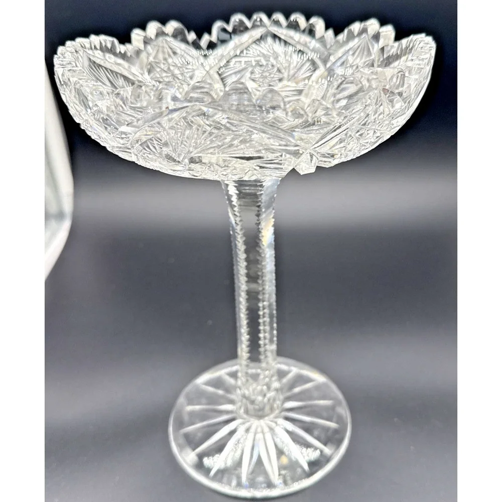 Antique American Brilliant Period Cut Glass Compote Tall Pinwheel Star 10